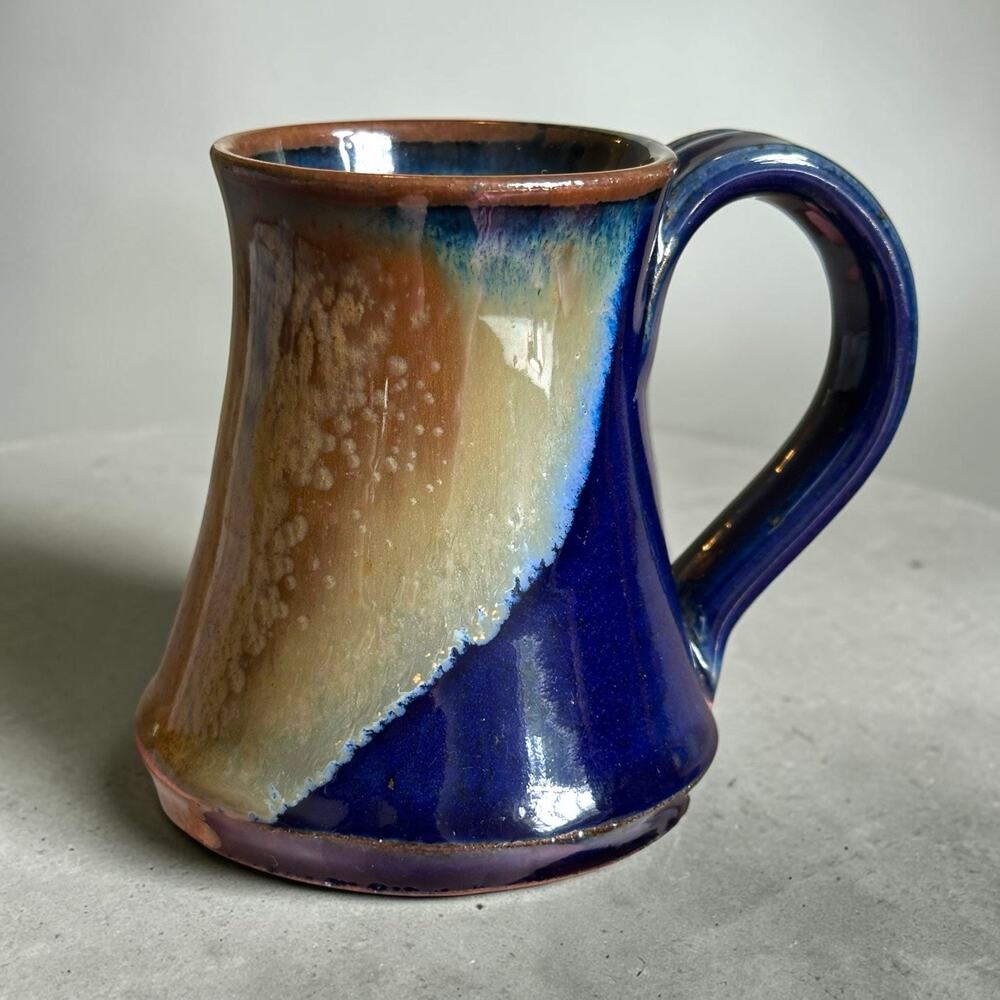 Vintage Signed Studio Pottery Drip Glaze Mug Blue Brown Artisan Coffee Cup
